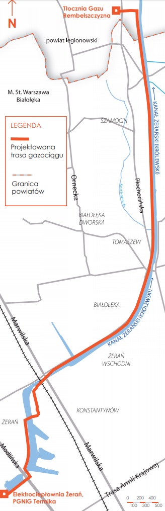Trasa 10-kilometrowego gazociągu do Elektrociepłowni Żerań. Źródło: Gaz-System S.A. 